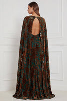 Laden Sie das Bild in den Galerie-Viewer, Schwarzes Burnout Velvet Sheath V-Ausschnitt Langes Brautjungfernkleid mit Umhang
