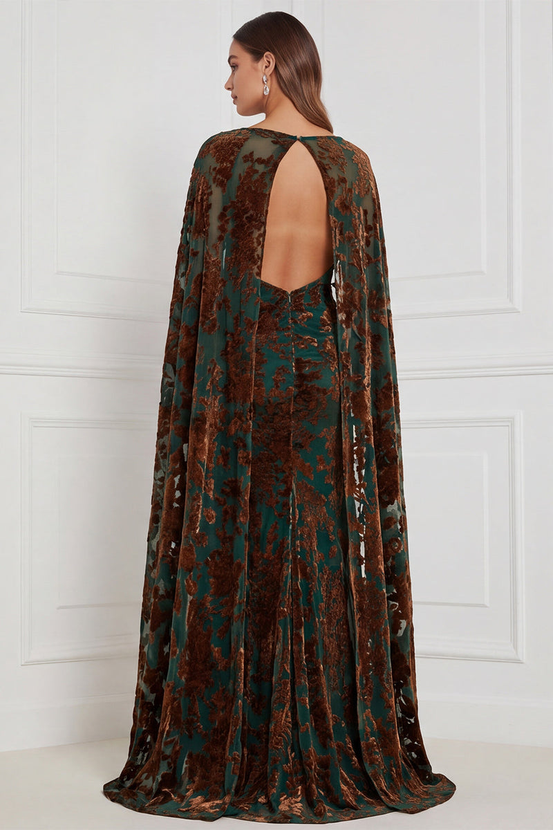 Laden Sie das Bild in den Galerie-Viewer, Schwarzes Burnout Velvet Sheath V-Ausschnitt Langes Brautjungfernkleid mit Umhang