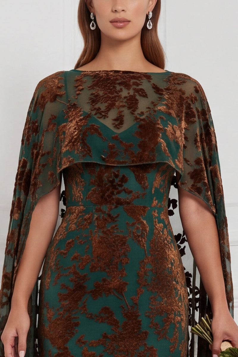 Laden Sie das Bild in den Galerie-Viewer, Schwarzes Burnout Velvet Sheath V-Ausschnitt Langes Brautjungfernkleid mit Umhang