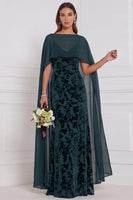 Laden Sie das Bild in den Galerie-Viewer, Schwarzes Burnout Velvet Sheath V-Ausschnitt Langes Brautjungfernkleid mit Umhang