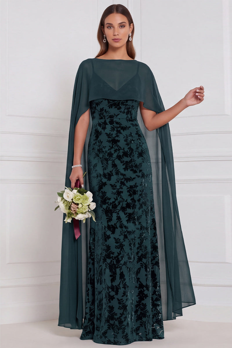 Laden Sie das Bild in den Galerie-Viewer, Schwarzes Burnout Velvet Sheath V-Ausschnitt Langes Brautjungfernkleid mit Umhang