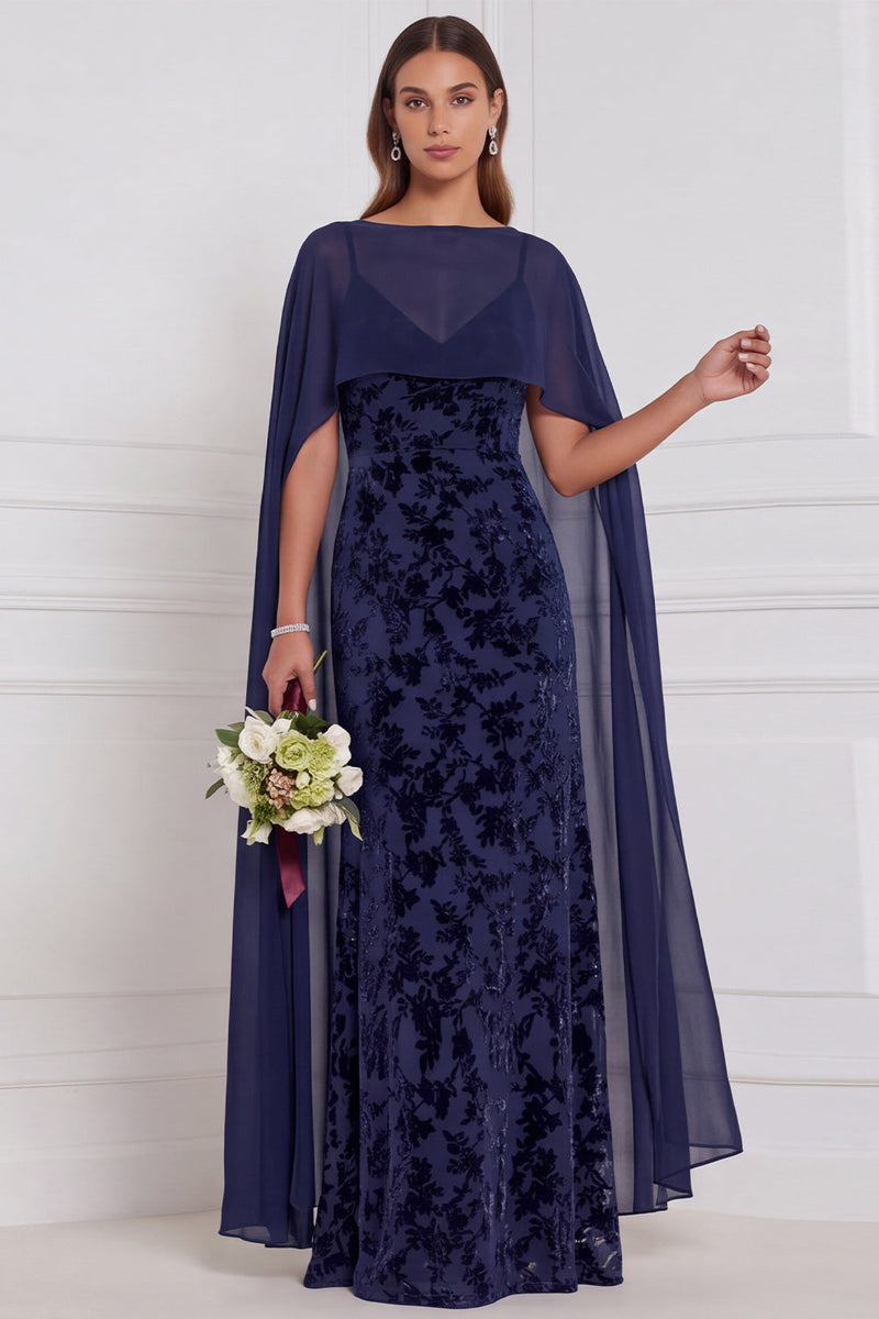 Laden Sie das Bild in den Galerie-Viewer, Schwarzes Burnout Velvet Sheath V-Ausschnitt Langes Brautjungfernkleid mit Umhang