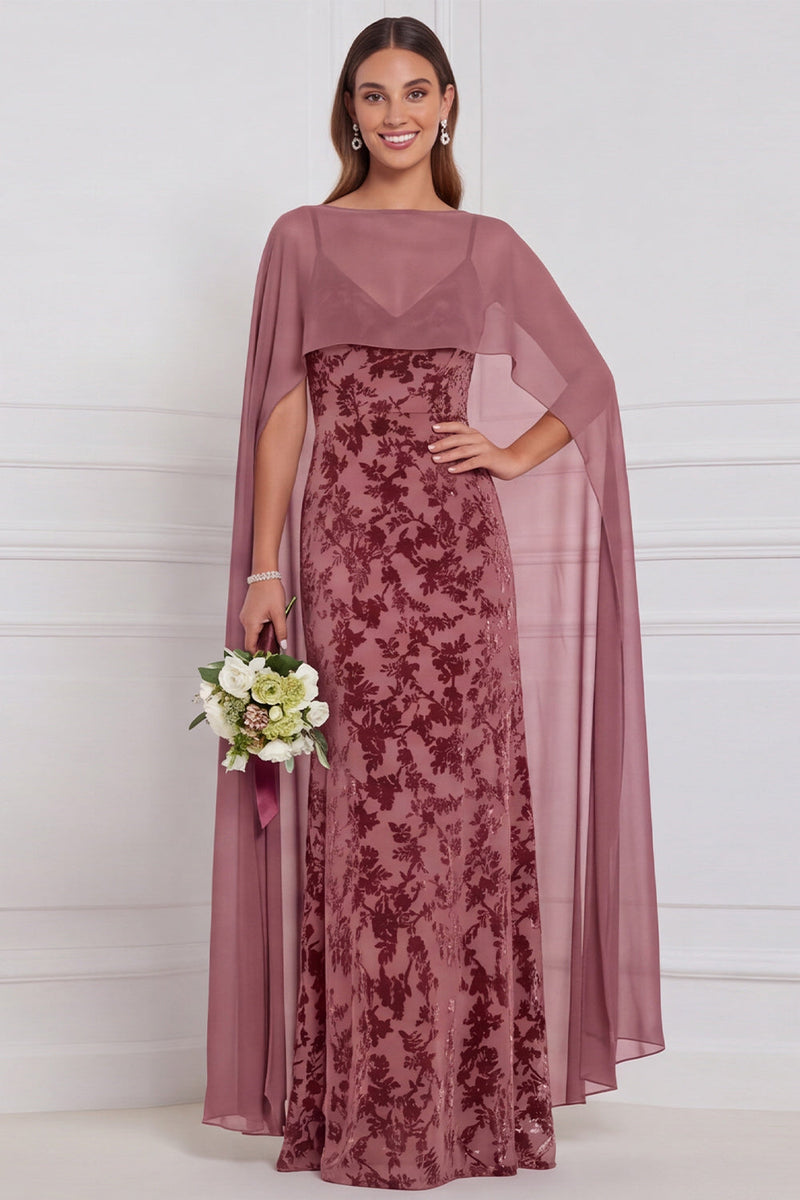 Laden Sie das Bild in den Galerie-Viewer, Schwarzes Burnout Velvet Sheath V-Ausschnitt Langes Brautjungfernkleid mit Umhang