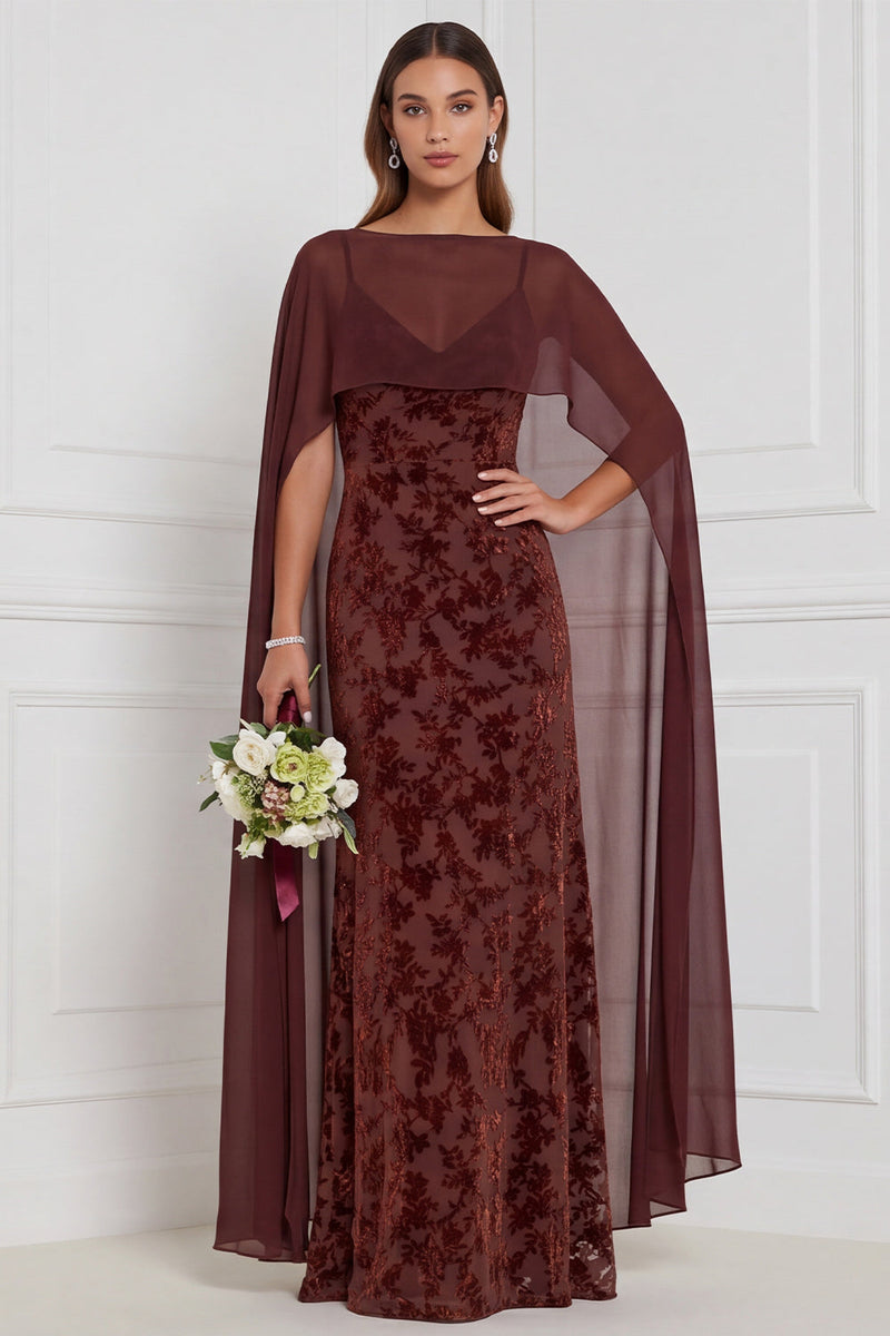 Laden Sie das Bild in den Galerie-Viewer, Schwarzes Burnout Velvet Sheath V-Ausschnitt Langes Brautjungfernkleid mit Umhang