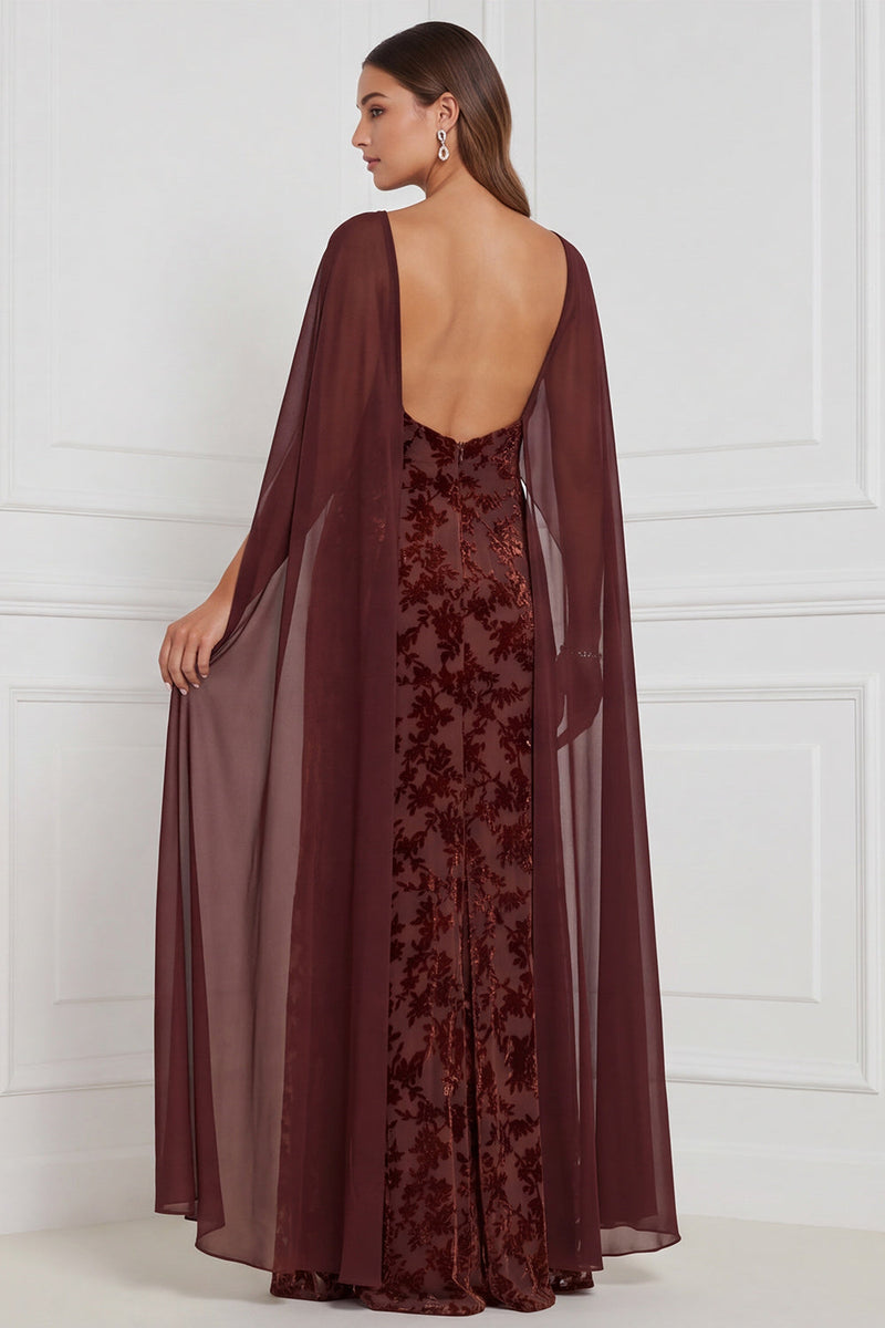 Laden Sie das Bild in den Galerie-Viewer, Schwarzes Burnout Velvet Sheath V-Ausschnitt Langes Brautjungfernkleid mit Umhang