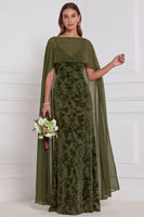 Laden Sie das Bild in den Galerie-Viewer, Schwarzes Burnout Velvet Sheath V-Ausschnitt Langes Brautjungfernkleid mit Umhang