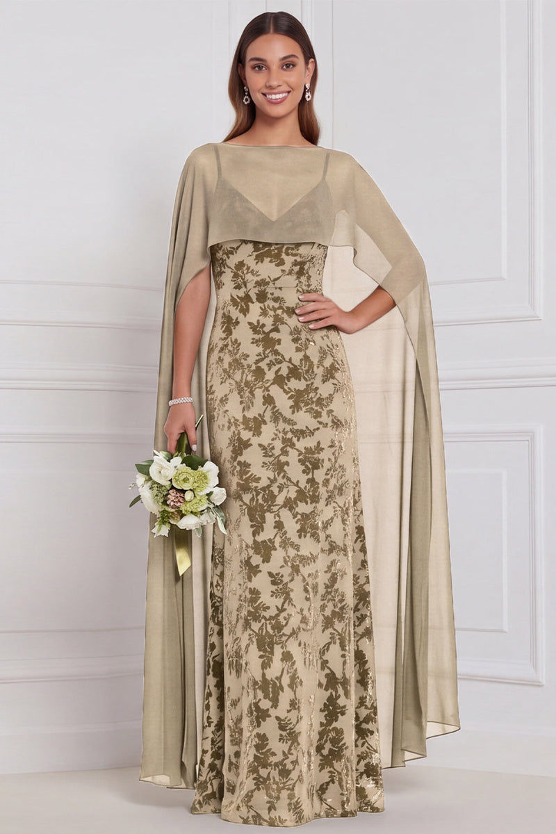 Laden Sie das Bild in den Galerie-Viewer, Schwarzes Burnout Velvet Sheath V-Ausschnitt Langes Brautjungfernkleid mit Umhang