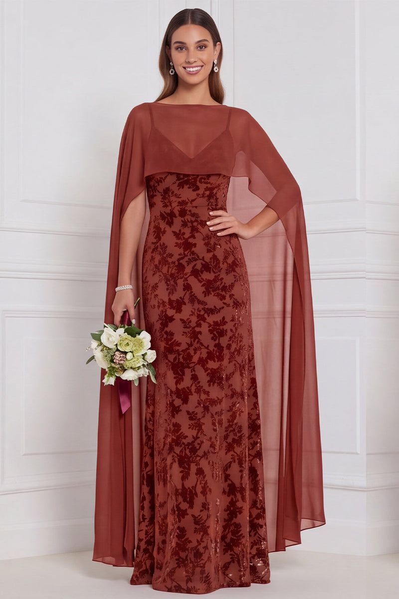 Laden Sie das Bild in den Galerie-Viewer, Schwarzes Burnout Velvet Sheath V-Ausschnitt Langes Brautjungfernkleid mit Umhang