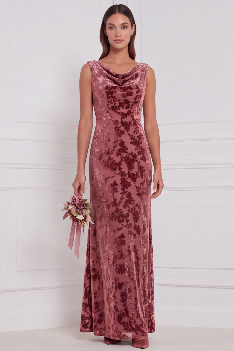 Laden Sie das Bild in den Galerie-Viewer, Olive Sheath Cowl Neck, Burnout Samt, langes Brautjungfernkleid