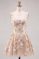 Laden Sie das Bild in den Galerie-Viewer, Aprikosen A-Linie Sweetheart Floral Kurzes Abendkleid mit Pailletten