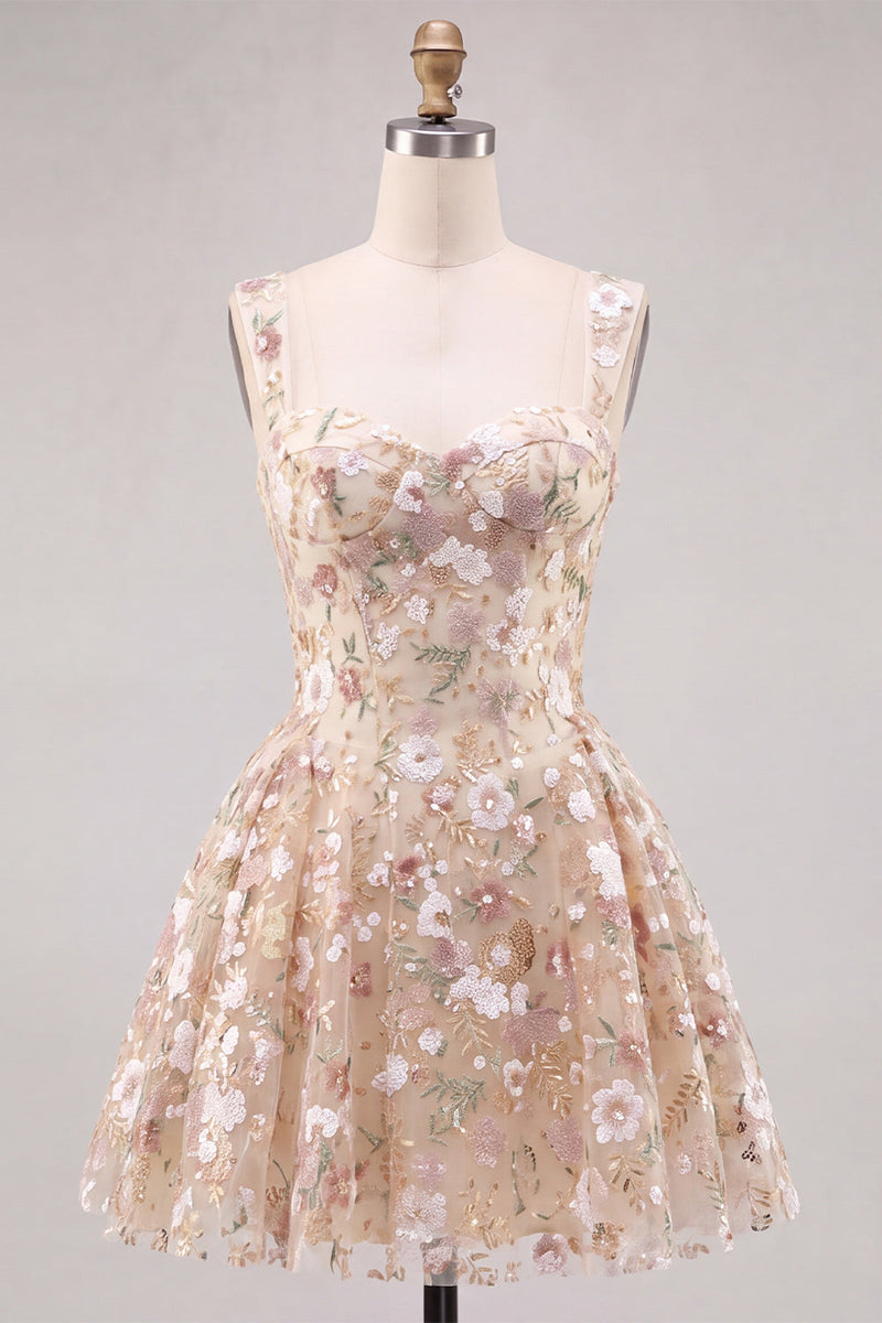 Laden Sie das Bild in den Galerie-Viewer, Aprikosen A-Linie Sweetheart Floral Kurzes Abendkleid mit Pailletten