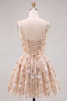 Laden Sie das Bild in den Galerie-Viewer, Aprikosen A-Linie Sweetheart Floral Kurzes Abendkleid mit Pailletten