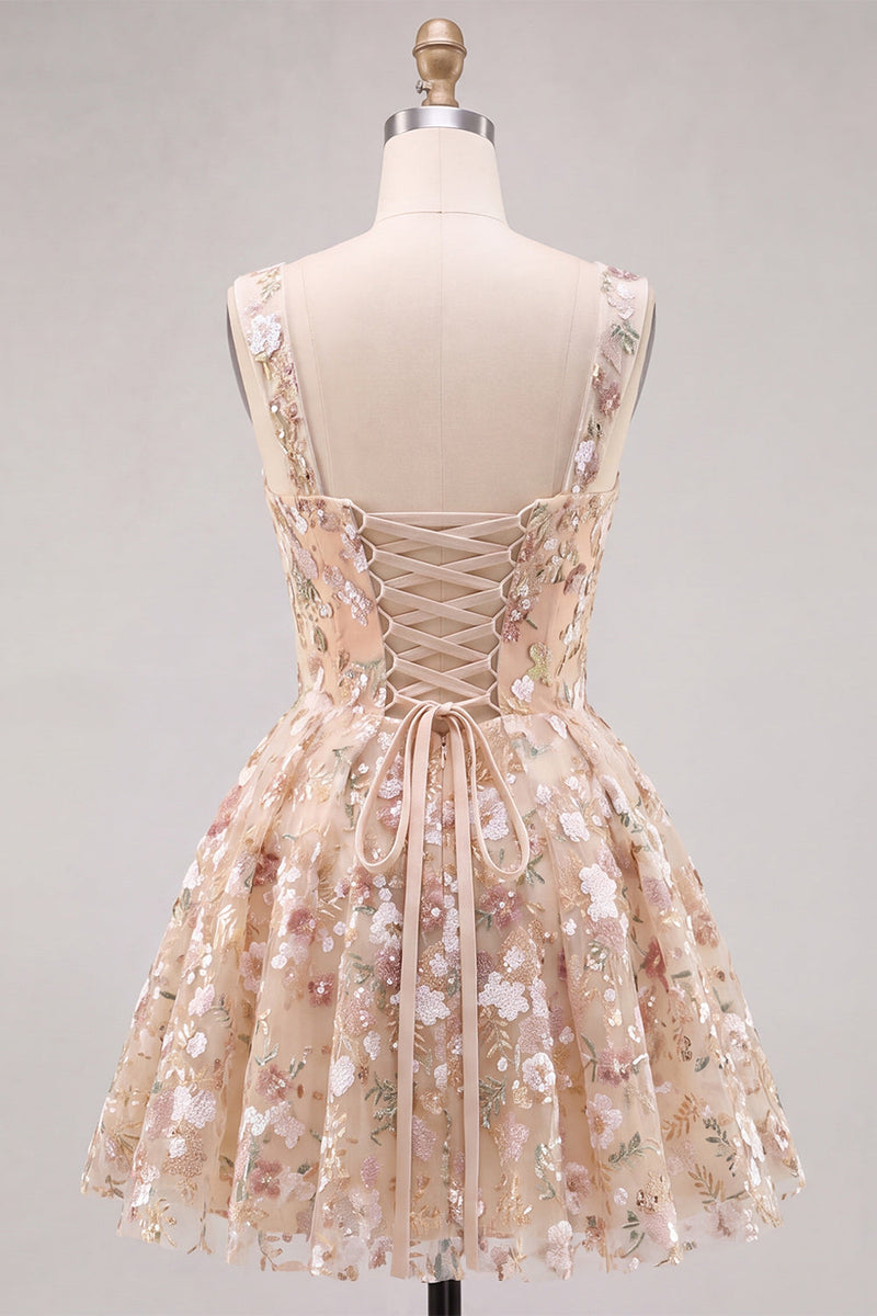 Laden Sie das Bild in den Galerie-Viewer, Aprikosen A-Linie Sweetheart Floral Kurzes Abendkleid mit Pailletten