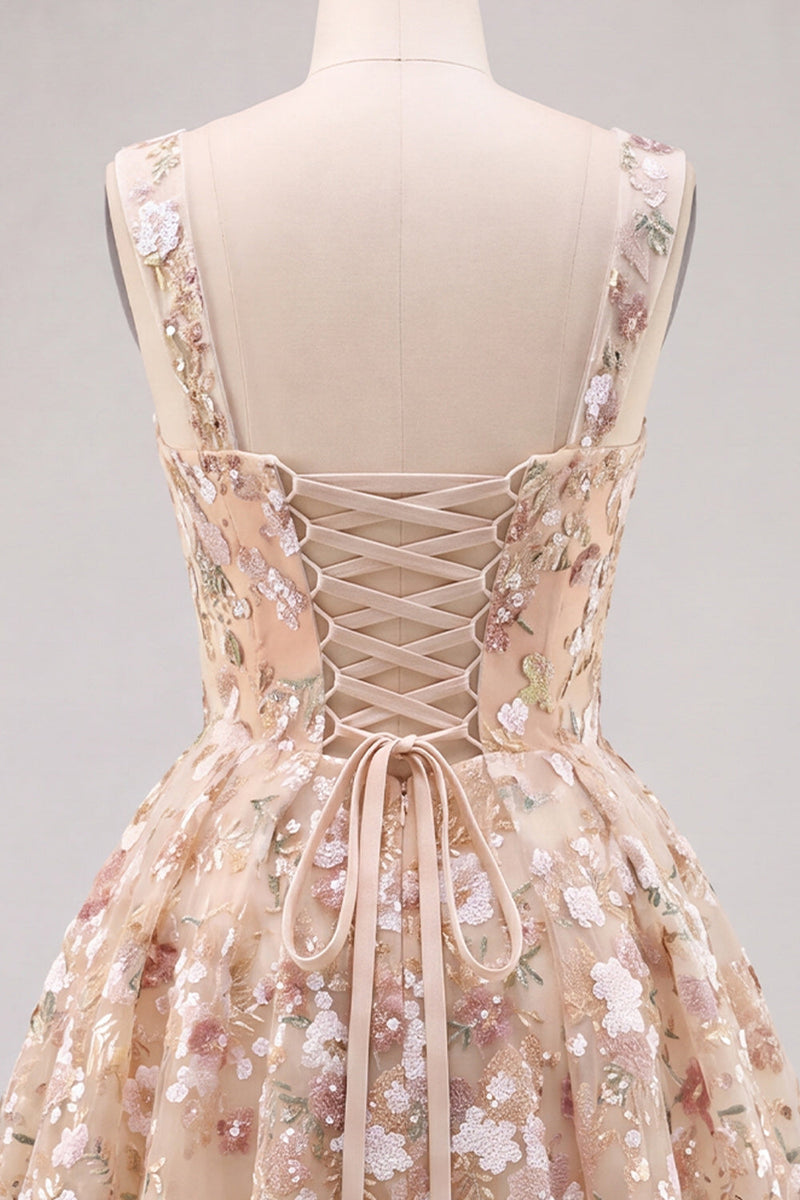 Laden Sie das Bild in den Galerie-Viewer, Aprikosen A-Linie Sweetheart Floral Kurzes Abendkleid mit Pailletten
