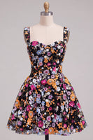 Laden Sie das Bild in den Galerie-Viewer, Aprikosen A-Linie Sweetheart Floral Kurzes Abendkleid mit Pailletten