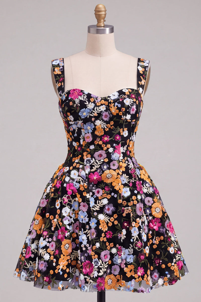 Laden Sie das Bild in den Galerie-Viewer, Aprikosen A-Linie Sweetheart Floral Kurzes Abendkleid mit Pailletten