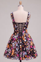 Laden Sie das Bild in den Galerie-Viewer, Aprikosen A-Linie Sweetheart Floral Kurzes Abendkleid mit Pailletten