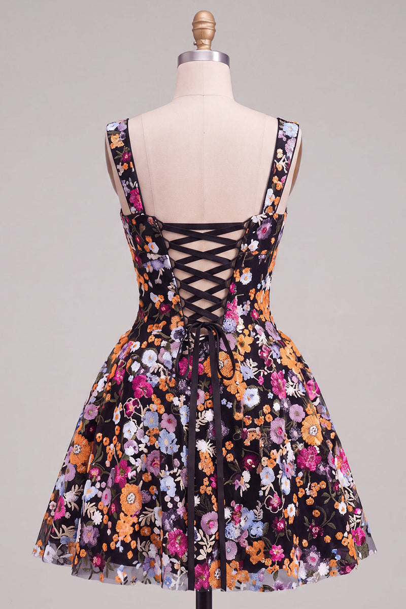 Laden Sie das Bild in den Galerie-Viewer, Aprikosen A-Linie Sweetheart Floral Kurzes Abendkleid mit Pailletten