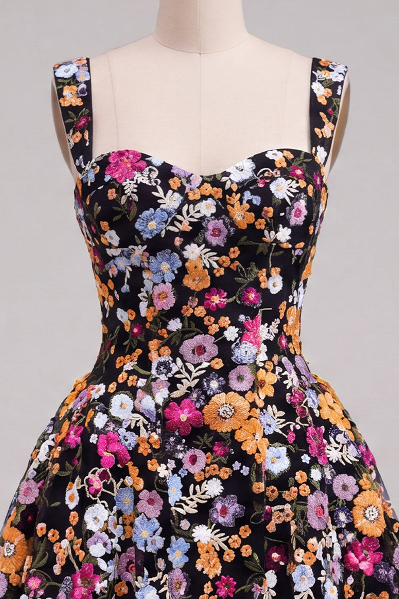 Laden Sie das Bild in den Galerie-Viewer, Aprikosen A-Linie Sweetheart Floral Kurzes Abendkleid mit Pailletten