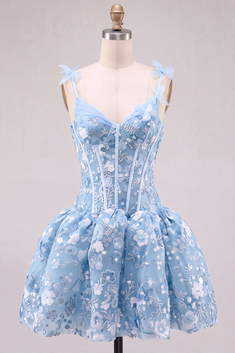 Laden Sie das Bild in den Galerie-Viewer, Rosa A-Linie Korsett Sweetheart Kurzes Abendkleid mit Blumen