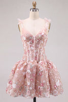 Laden Sie das Bild in den Galerie-Viewer, Rosa A-Linie Korsett Sweetheart Kurzes Abendkleid mit Blumen