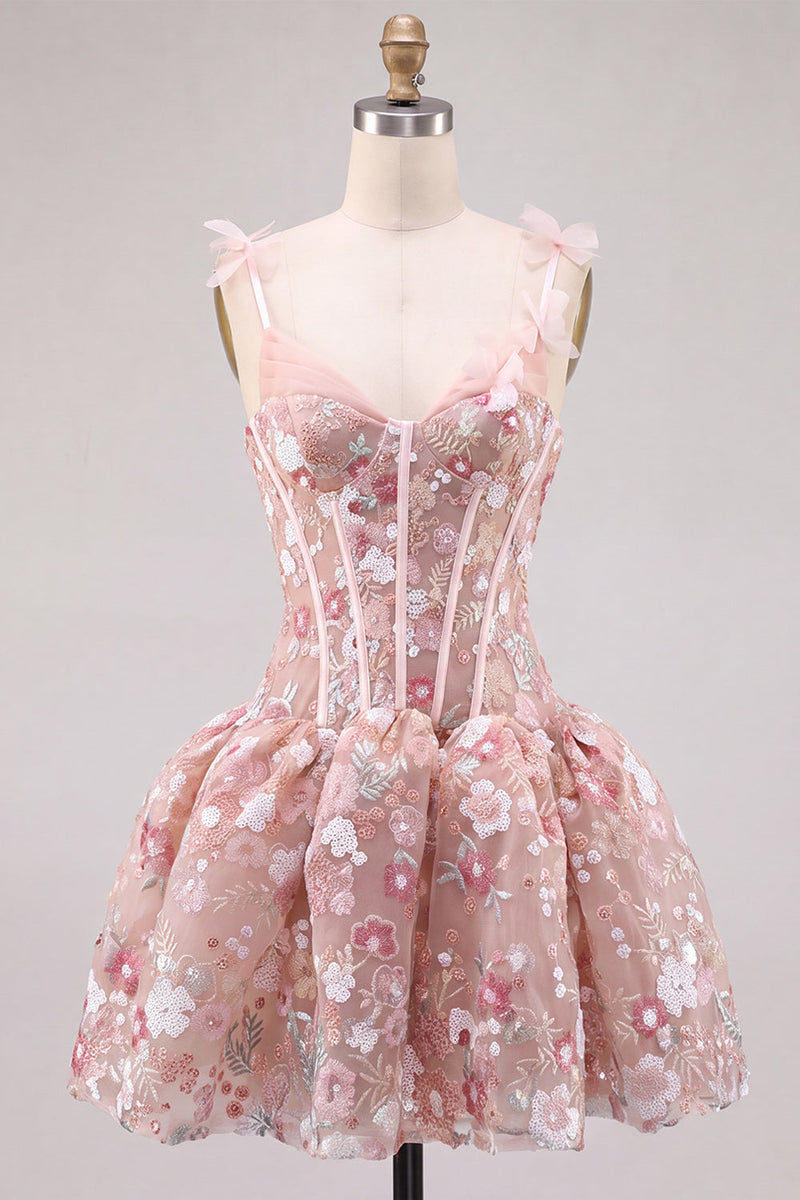 Laden Sie das Bild in den Galerie-Viewer, Rosa A-Linie Korsett Sweetheart Kurzes Abendkleid mit Blumen
