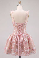 Laden Sie das Bild in den Galerie-Viewer, Rosa A-Linie Korsett Sweetheart Kurzes Abendkleid mit Blumen