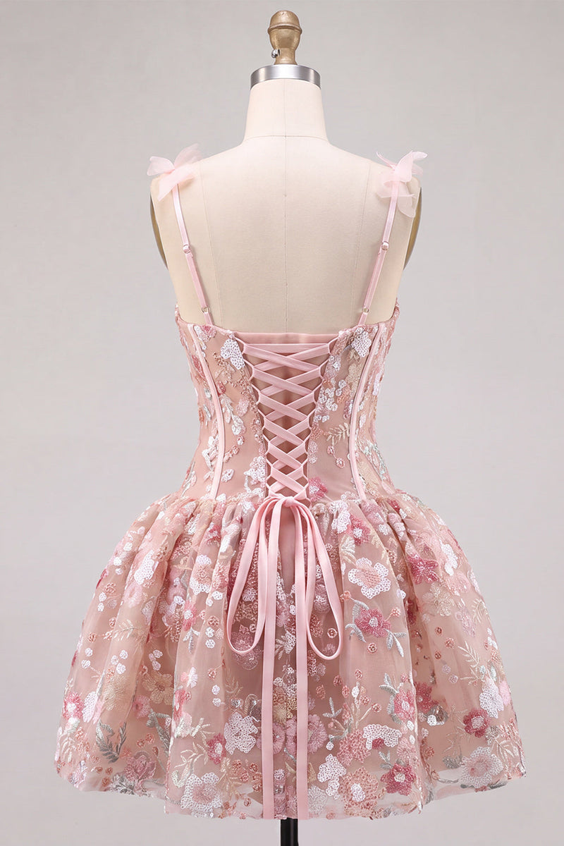 Laden Sie das Bild in den Galerie-Viewer, Rosa A-Linie Korsett Sweetheart Kurzes Abendkleid mit Blumen