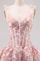 Laden Sie das Bild in den Galerie-Viewer, Rosa A-Linie Korsett Sweetheart Kurzes Abendkleid mit Blumen