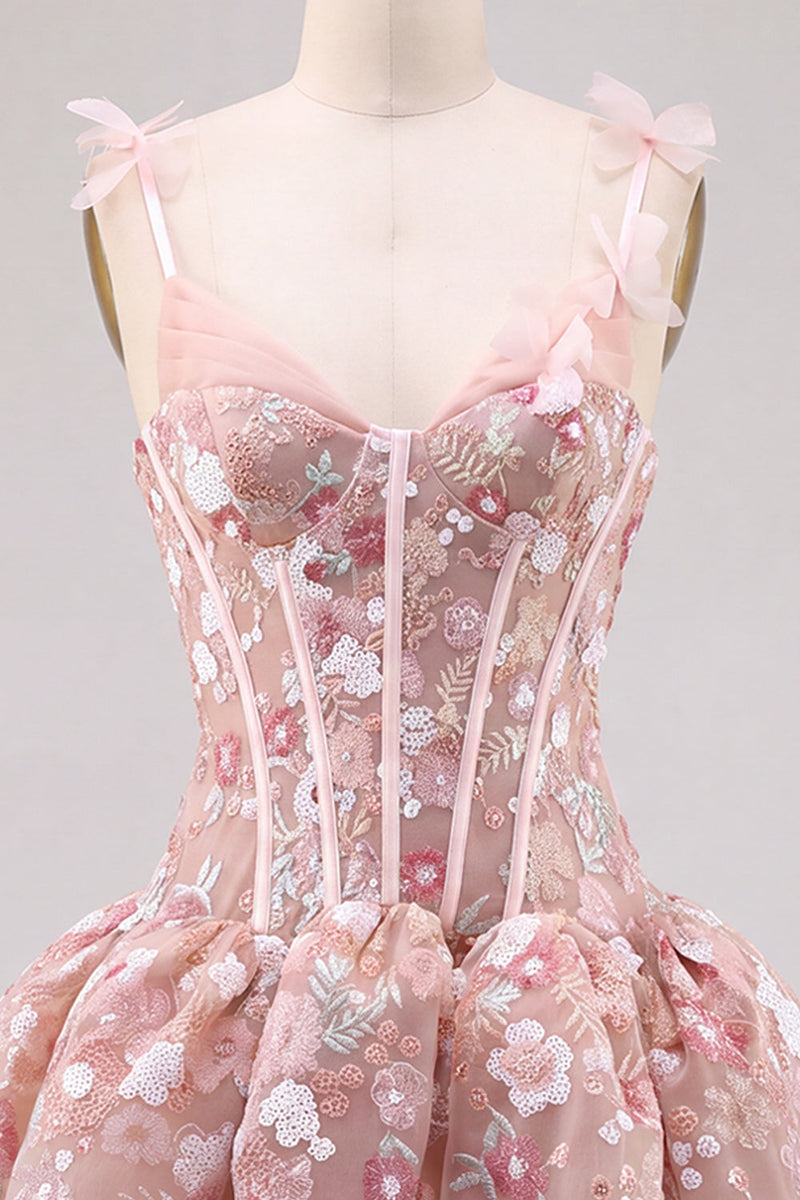 Laden Sie das Bild in den Galerie-Viewer, Rosa A-Linie Korsett Sweetheart Kurzes Abendkleid mit Blumen
