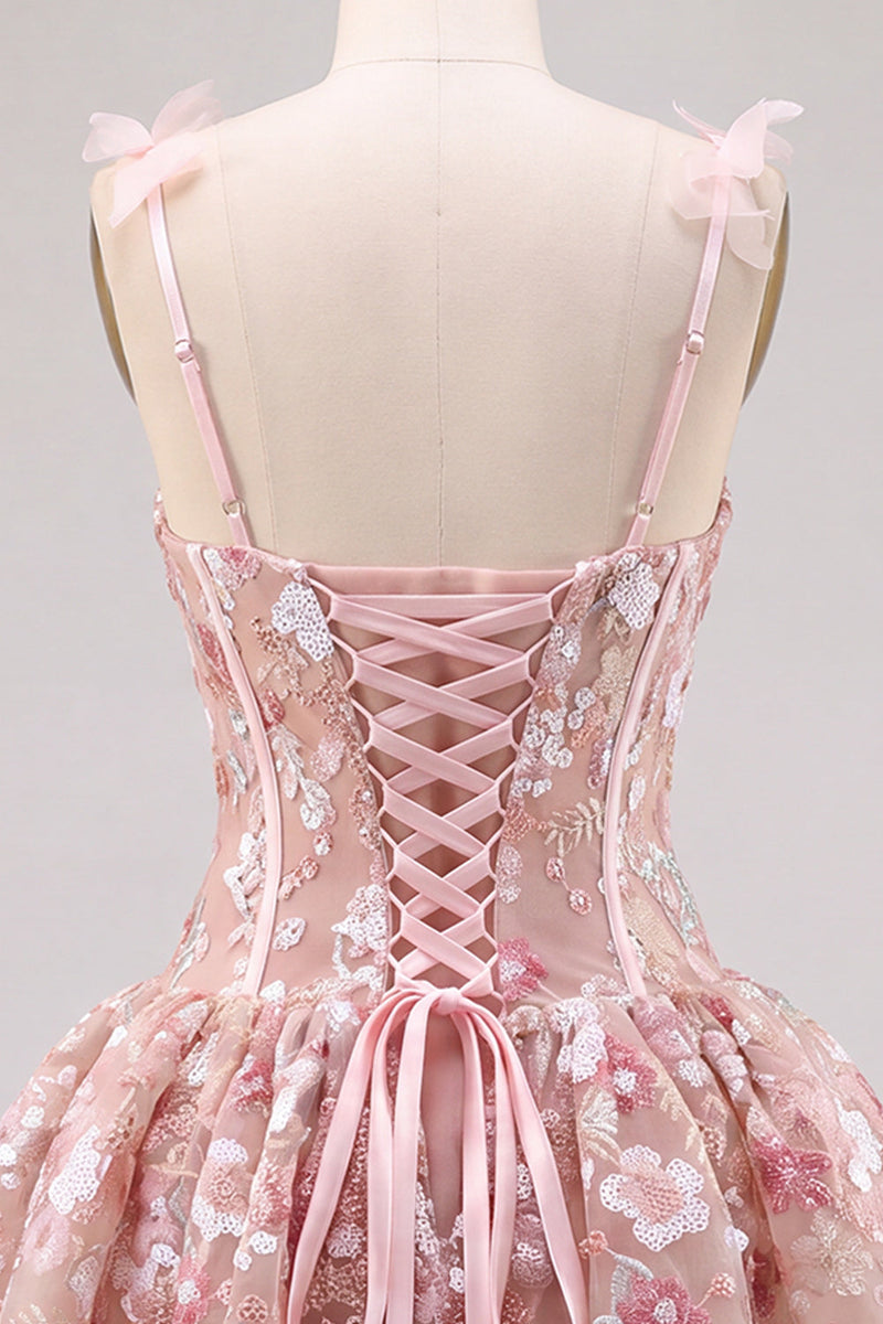 Laden Sie das Bild in den Galerie-Viewer, Rosa A-Linie Korsett Sweetheart Kurzes Abendkleid mit Blumen