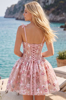 Laden Sie das Bild in den Galerie-Viewer, Rosa A-Linie Korsett Sweetheart Kurzes Abendkleid mit Blumen