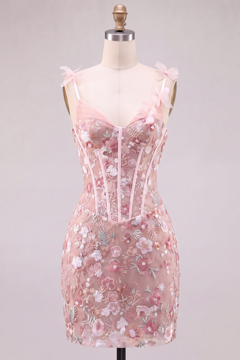 Laden Sie das Bild in den Galerie-Viewer, Rosa Korsett Enges Sweetheart Blumen Kurzes Abendkleid mit Schnürung