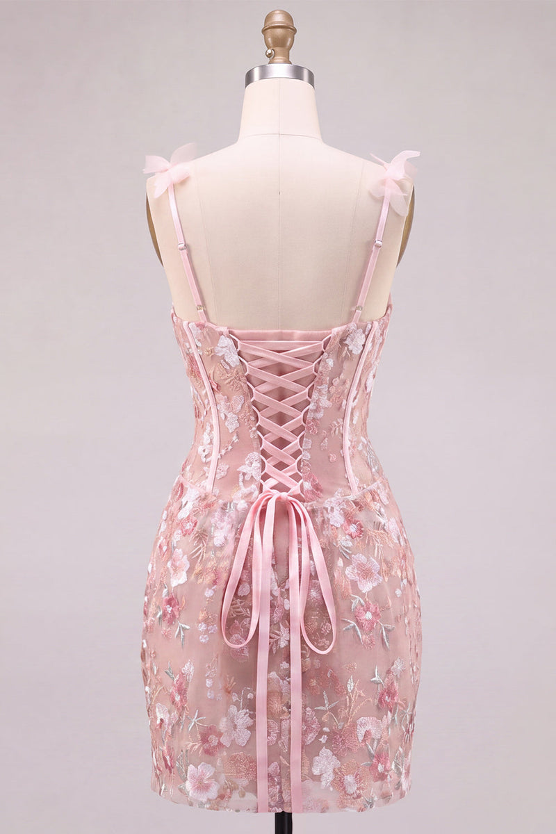 Laden Sie das Bild in den Galerie-Viewer, Rosa Korsett Enges Sweetheart Blumen Kurzes Abendkleid mit Schnürung