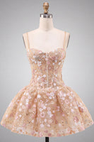 Laden Sie das Bild in den Galerie-Viewer, Aprikosen Korsett Sweetheart Blumen Kurzes Abendkleid