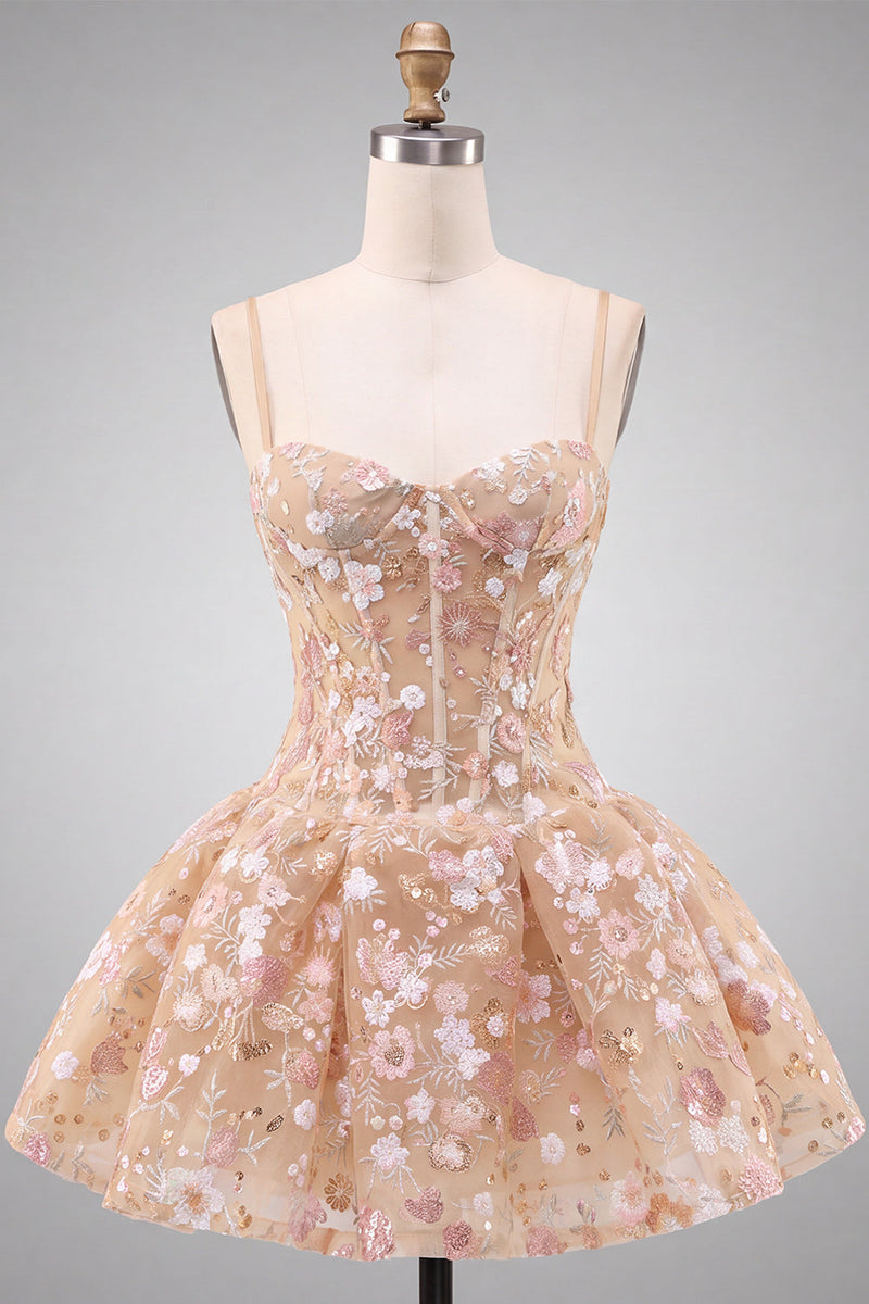Laden Sie das Bild in den Galerie-Viewer, Aprikosen Korsett Sweetheart Blumen Kurzes Abendkleid