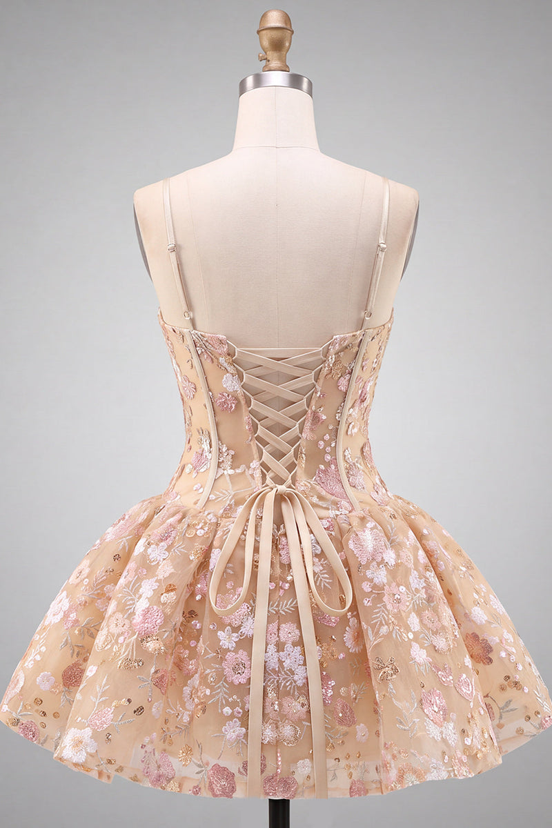 Laden Sie das Bild in den Galerie-Viewer, Aprikosen Korsett Sweetheart Blumen Kurzes Abendkleid