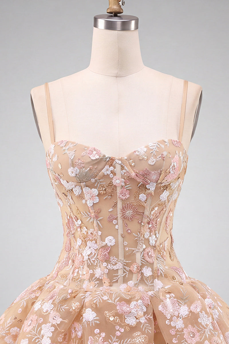 Laden Sie das Bild in den Galerie-Viewer, Aprikosen Korsett Sweetheart Blumen Kurzes Abendkleid