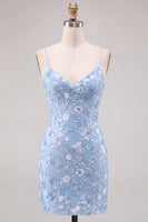 Laden Sie das Bild in den Galerie-Viewer, Glitzerndes Hellblaues Bodycon Blumen Kurzes Abendkleid mit Pailletten