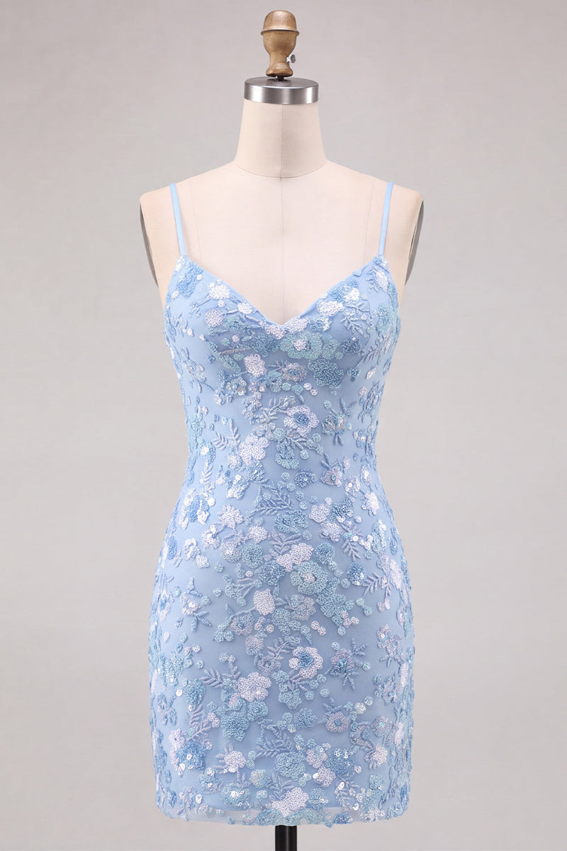 Laden Sie das Bild in den Galerie-Viewer, Glitzerndes Hellblaues Bodycon Blumen Kurzes Abendkleid mit Pailletten