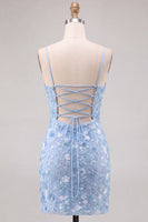 Laden Sie das Bild in den Galerie-Viewer, Glitzerndes Hellblaues Bodycon Blumen Kurzes Abendkleid mit Pailletten