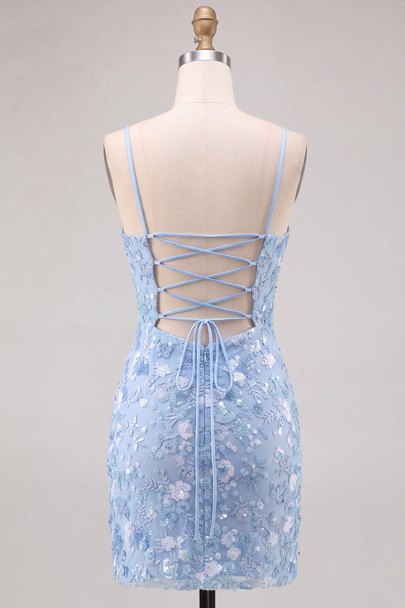 Laden Sie das Bild in den Galerie-Viewer, Glitzerndes Hellblaues Bodycon Blumen Kurzes Abendkleid mit Pailletten