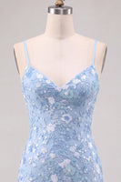 Laden Sie das Bild in den Galerie-Viewer, Glitzerndes Hellblaues Bodycon Blumen Kurzes Abendkleid mit Pailletten