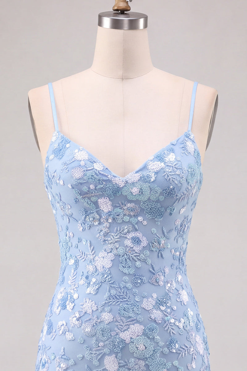 Laden Sie das Bild in den Galerie-Viewer, Glitzerndes Hellblaues Bodycon Blumen Kurzes Abendkleid mit Pailletten