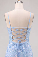 Laden Sie das Bild in den Galerie-Viewer, Glitzerndes Hellblaues Bodycon Blumen Kurzes Abendkleid mit Pailletten