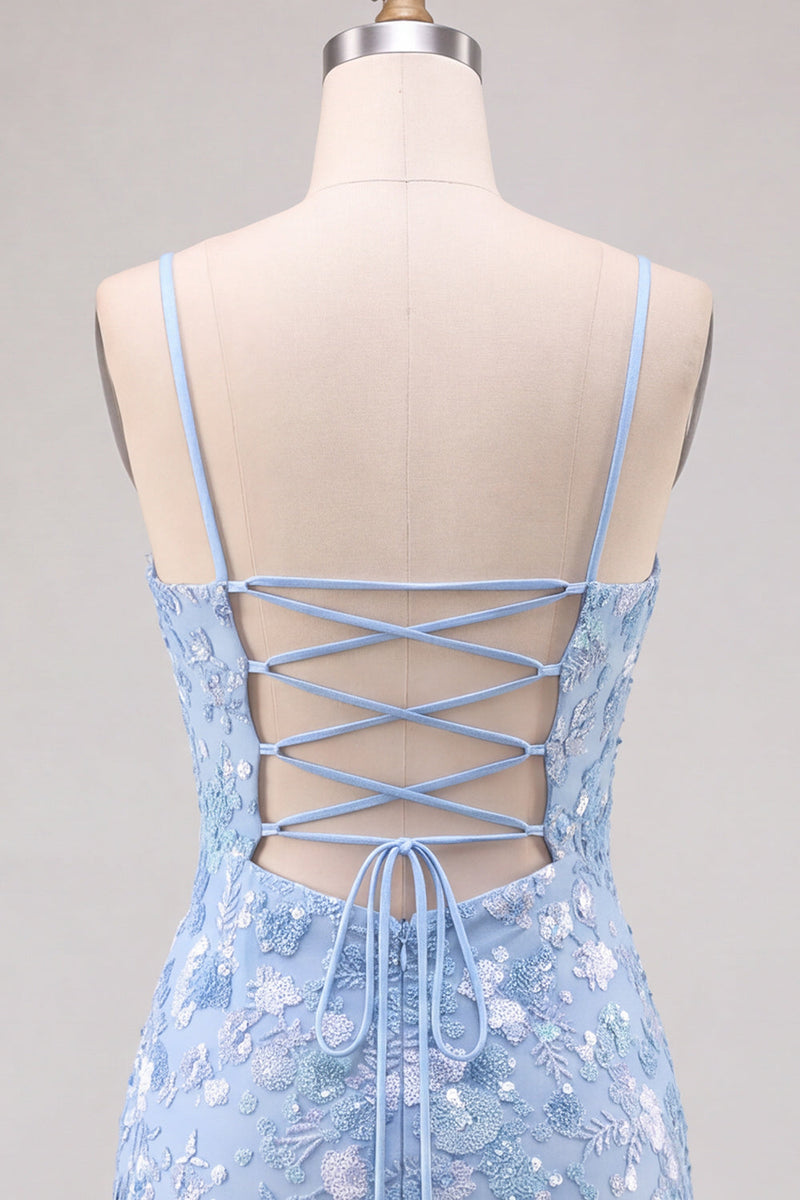 Laden Sie das Bild in den Galerie-Viewer, Glitzerndes Hellblaues Bodycon Blumen Kurzes Abendkleid mit Pailletten