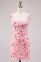 Laden Sie das Bild in den Galerie-Viewer, Rosa Bodycon Quadrathals Blumen Kurzes Abendkleid mit Applikationen