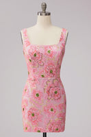 Laden Sie das Bild in den Galerie-Viewer, Rosa Bodycon Quadrathals Blumen Kurzes Abendkleid mit Applikationen