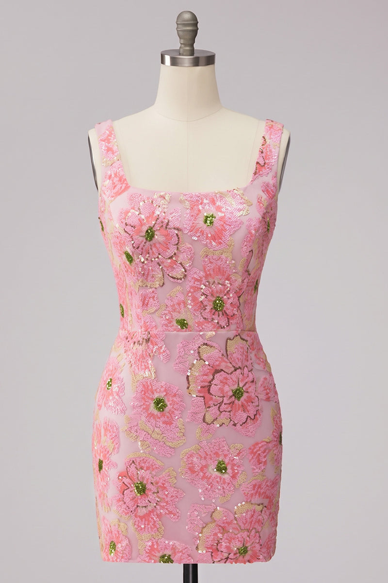 Laden Sie das Bild in den Galerie-Viewer, Rosa Bodycon Quadrathals Blumen Kurzes Abendkleid mit Applikationen