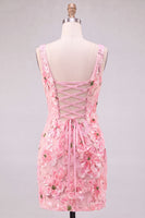 Laden Sie das Bild in den Galerie-Viewer, Rosa Bodycon Quadrathals Blumen Kurzes Abendkleid mit Applikationen